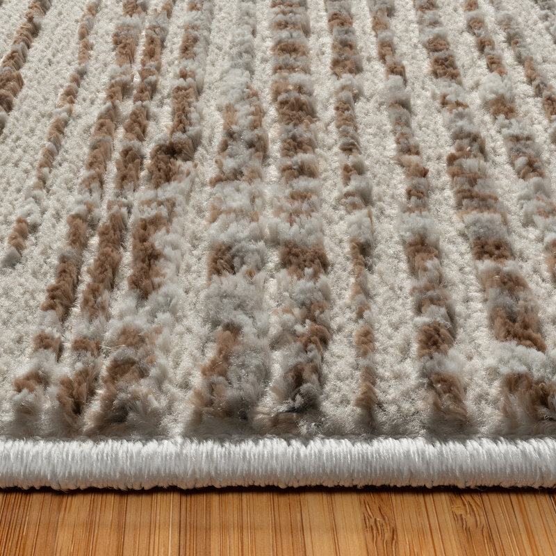Miesner Dario Modern Striped Cream Polyester High-Low Indoor Area Rug, Runner 2'2" x 7'