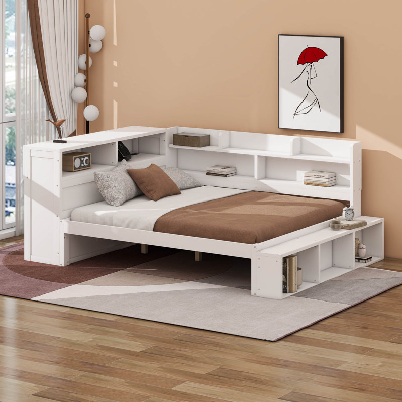 Full Size Daybed With Storage Cabinets And Shoe Cabinet, Wood Corner Bed With USB Ports, Blanc