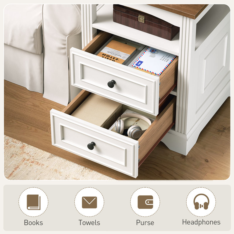 17.7"W Farmhouse 2-Drawer End Table with Built-In Outlets and Storage, White, Walnut