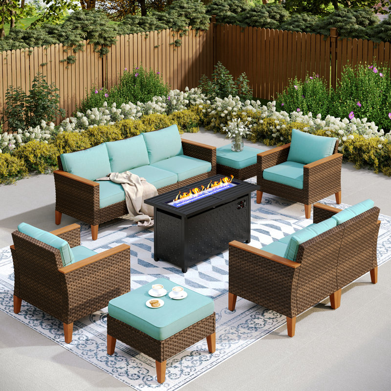 Ensemble de conversation modulaire en osier pour l'extérieur avec table pour foyer 9 personnes Lonsdale, Bleu
