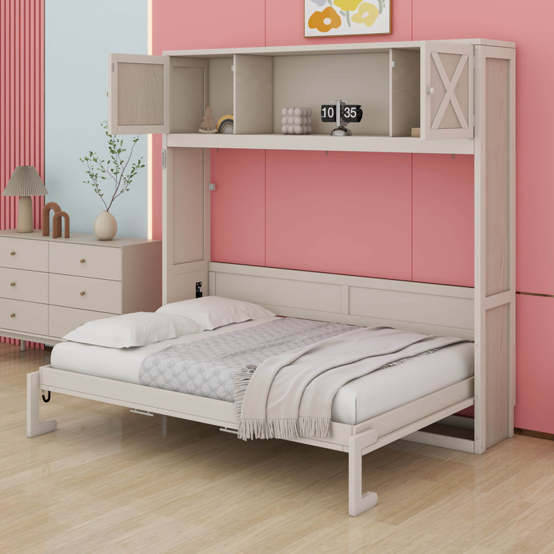 Lit escamotable double pleine grandeur avec tablette de rangement et porte intégrée, lit escamotable horizontal escamotable