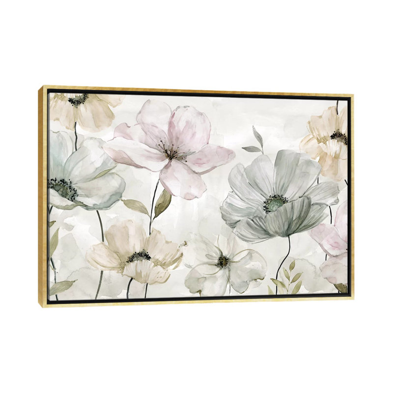 «Garden Grays» par Carol Robinson - reproduction, H 18 po x l 26 po x P 1,5 po, Toile encadrée d'or, Pas de tapis