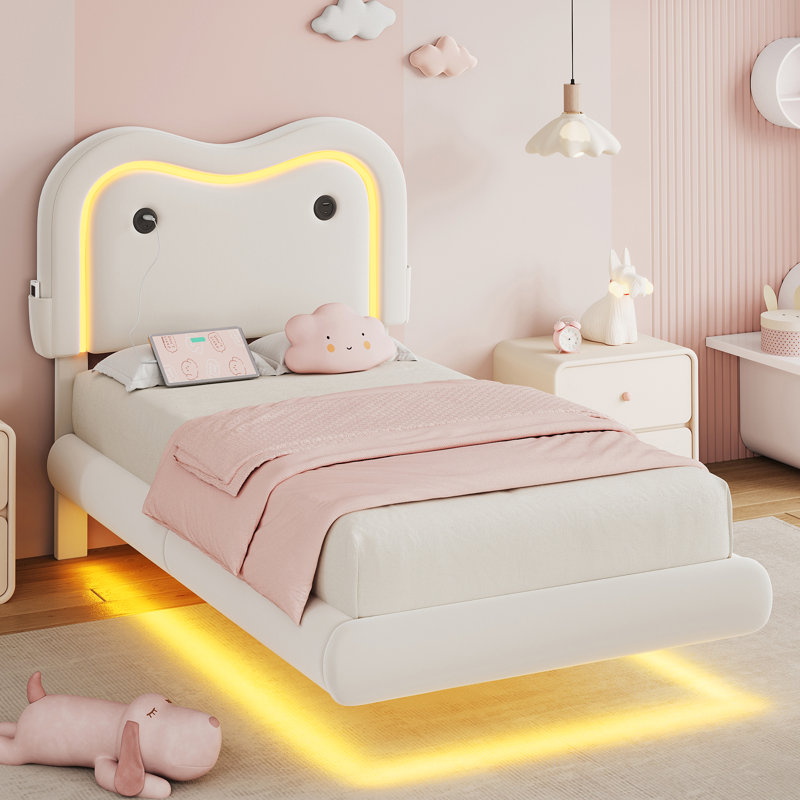 Amelia LED Floating Velvet Upholstered Bed With Curved Headboard – Built-In Charging Station, Height-Adjustable & Music-Sync Lights