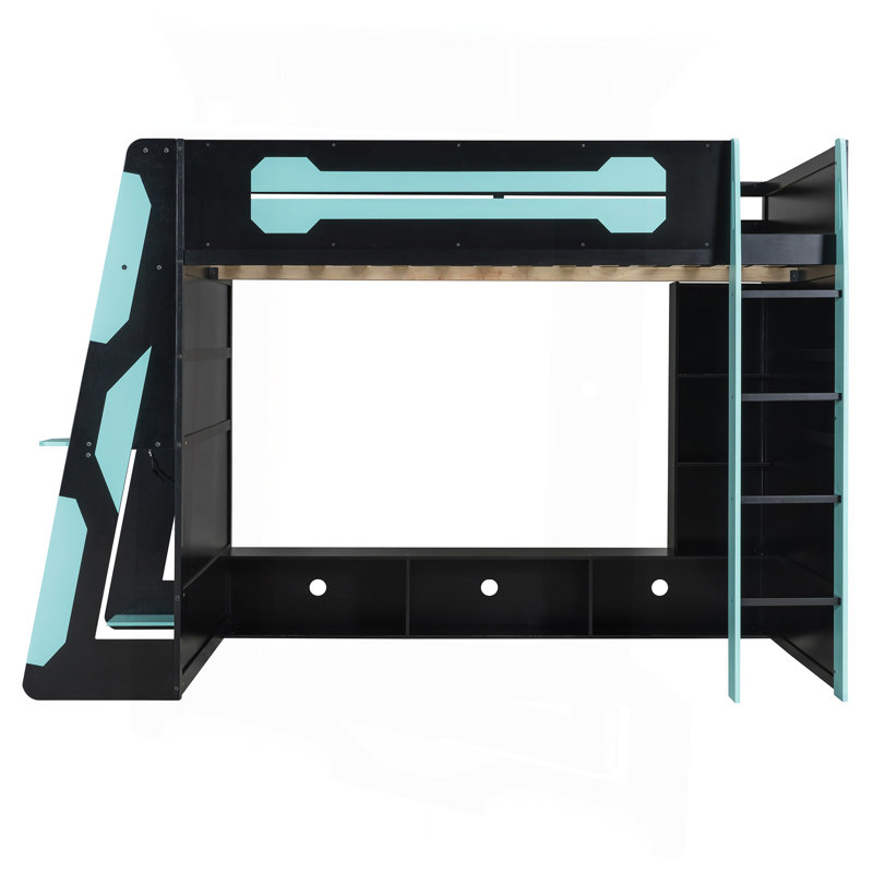 Full Size Wood Loft Bed With Desk, Multi-Storage Shelves And RGB Light, Cloud Blue