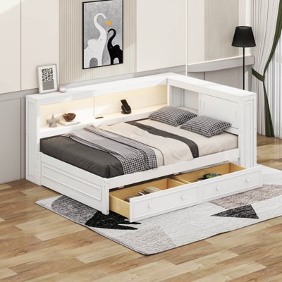 Structure de lit d'angle double en bois avec tablettes de rangement et portes coulissantes, structure de lit d'angle double avec 2 tiroirs, lumières DEL