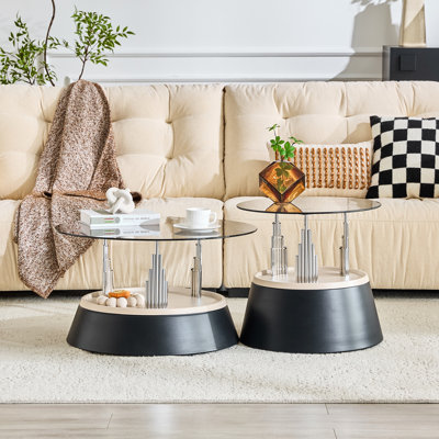 Ensemble de 2 tables basses gigognes rondes, table d'appoint empilable en verre trempé transparent noir et argent, table basse moderne et luxueuse à prix abordable pour le salon