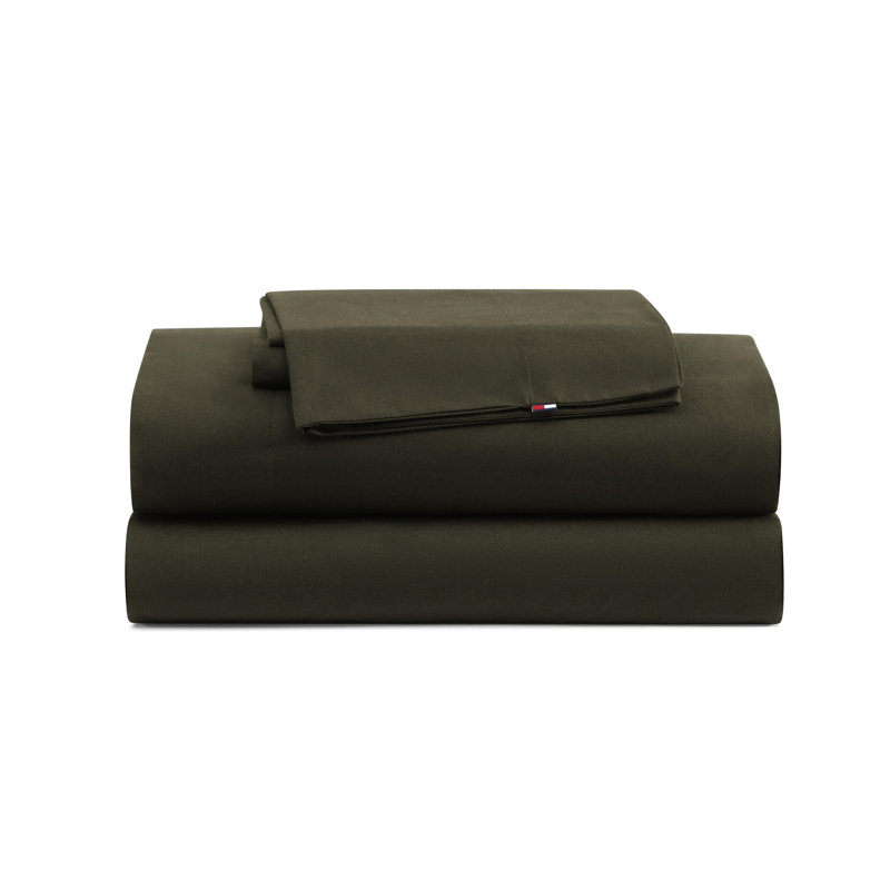 Tommy Hilfiger Solid Cotton Percale Sheet Set, King Sheet Set with 2 Pillowcases, Green