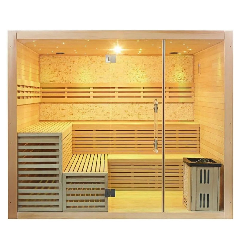 6 or 8 Person Traditional Steam Sauna, Canadian Hemlock Indoor Sauna with 6000W Stove Heater, Bluetooth Speaker, Rocks, Water Bucket, Spoon, 7-Color Sky Lights, 220V, Clear Tempered Glass Door