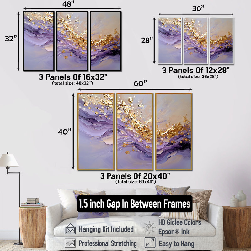 «Gold» et «Geode Stones River I» - ensemble de reproductions d'art sur pierre, 32" H x 48" W, Doré