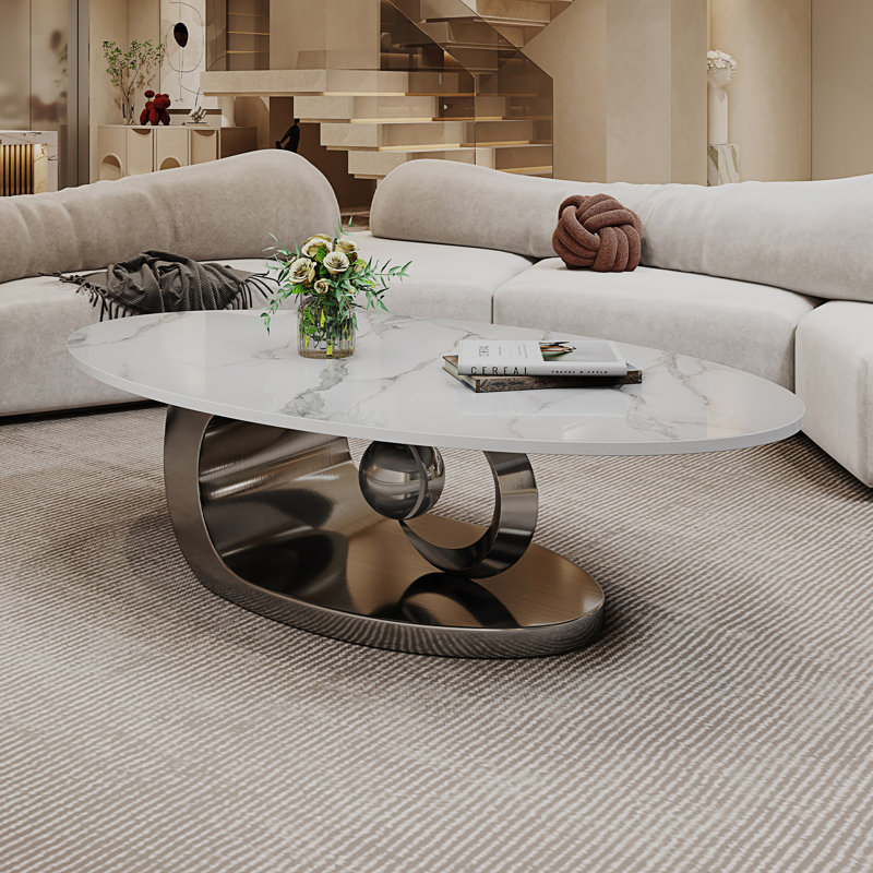 Table basse en faux marbre avec base sculpturale en acier inoxydable, table centrale, Gris/argent