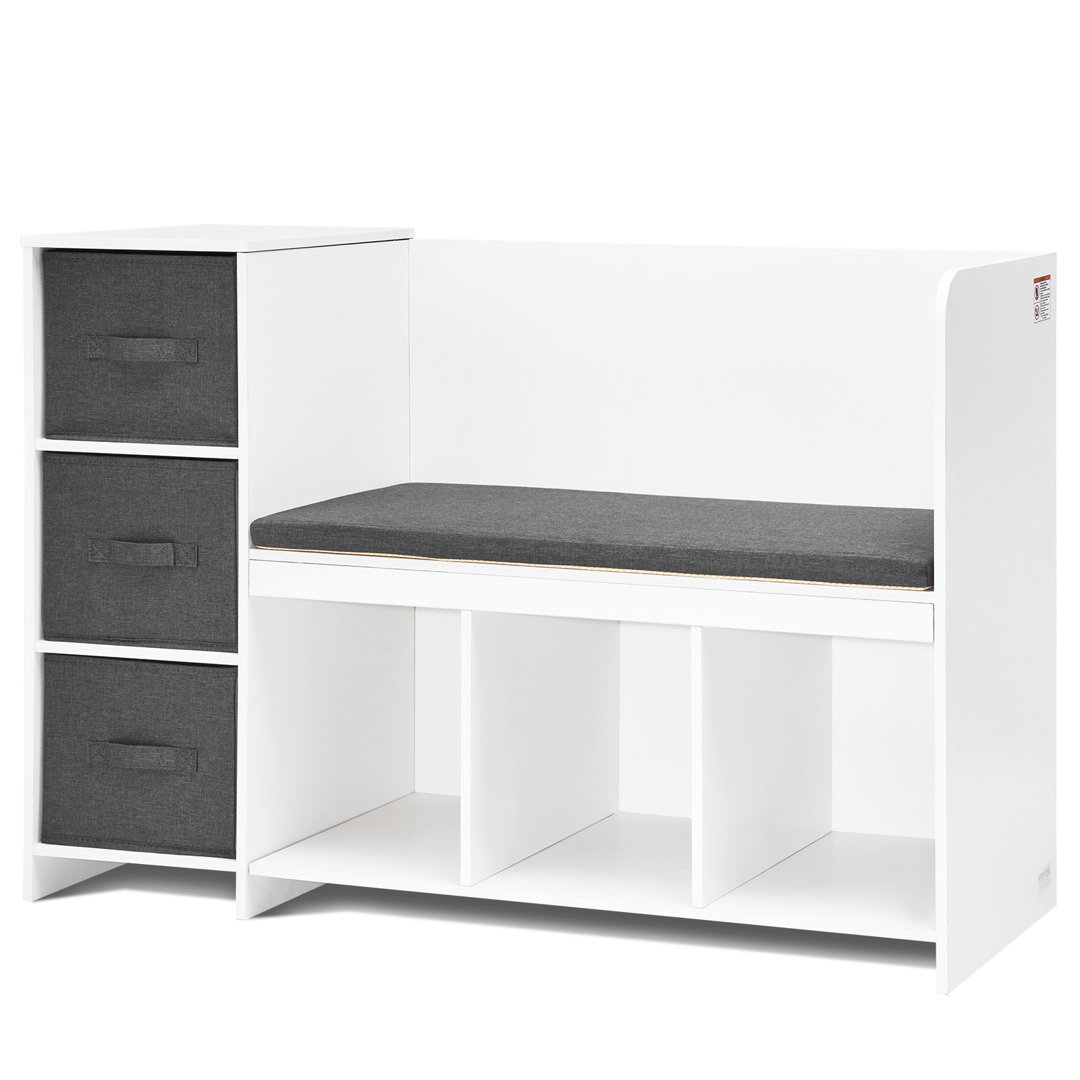 Kids Reading Nook Bench 6-Cubby Storage Bookshelf with Seat Cushion White