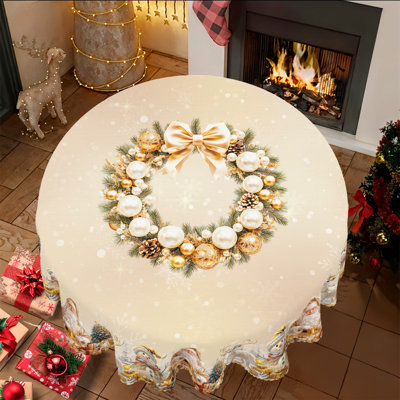 1 nappe ronde / rectangulaire en polyester de 1 pièce, nappe de Noël avec pin, bonhomme de neige, camion, bord embosé, décorations de Noël pour table à manger, décoration de table de fête festive, cadeau de fête parfait