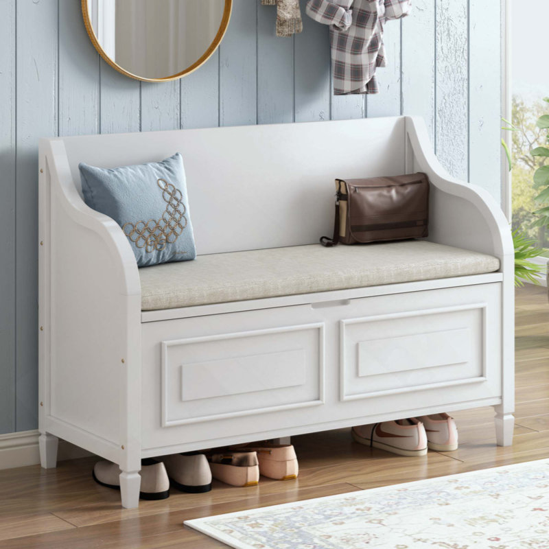 Banc de rangement multifonctionnel en bois massif avec charnière de sécurité, Blanc