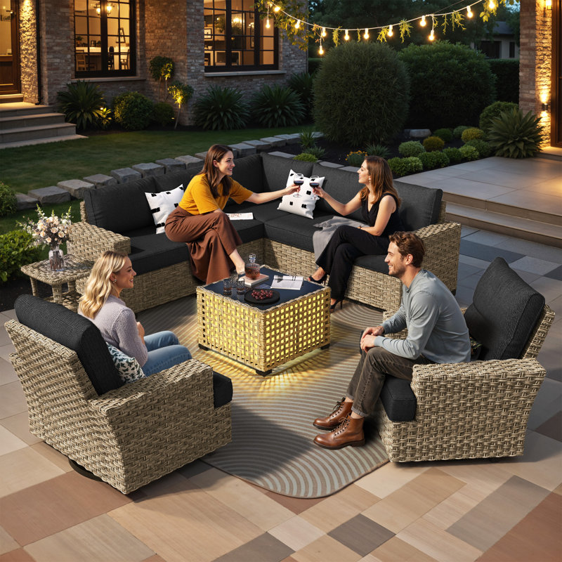 Dzion Outdoor Wicker 7 Person Seating Group With Cushions, Black, No