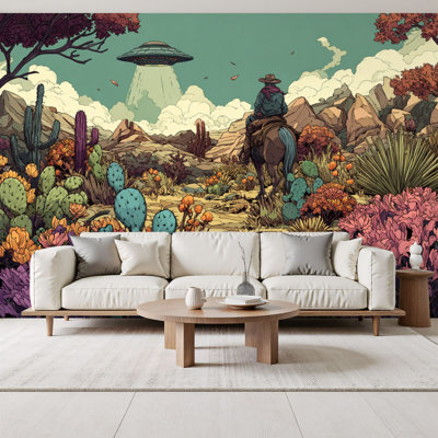 Peel and Stick Wallpaper Framed Vintage Intergalactic Western UFO Abducting Cowboy Desert Wall Murals 69"H x 96"W Removable PVC Wall Paper Self-Adhesive Wall Decor for Bedroom Living Room Home Office