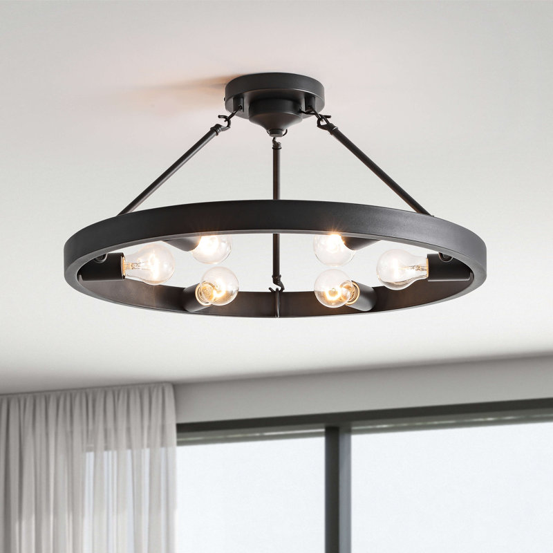 Lionelle 6-light 24" Black Metal Round Rustic Semi-Flush Mount