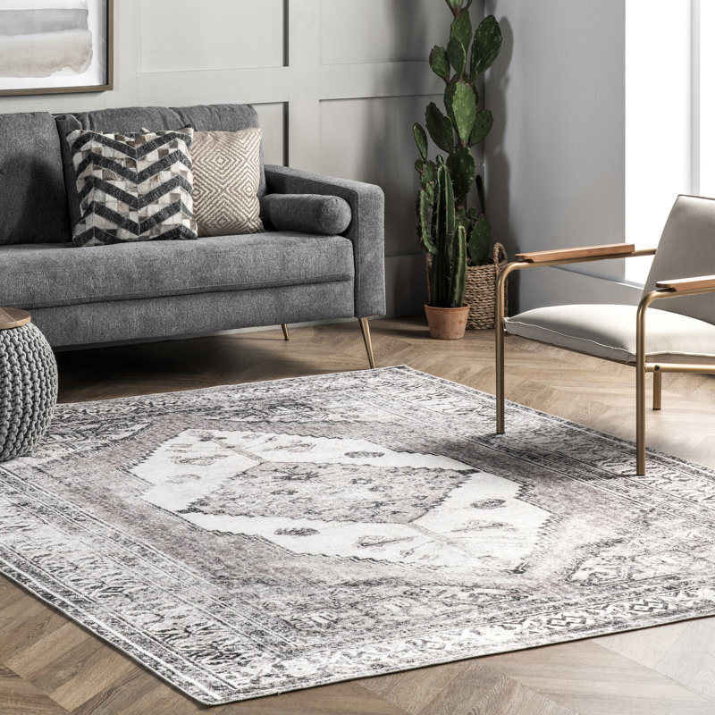 Teo Medallion Machine Washable Area Rug for Living Room Bedroom Dining Room Kitchen, Light Grey/Ivory, Square 8'