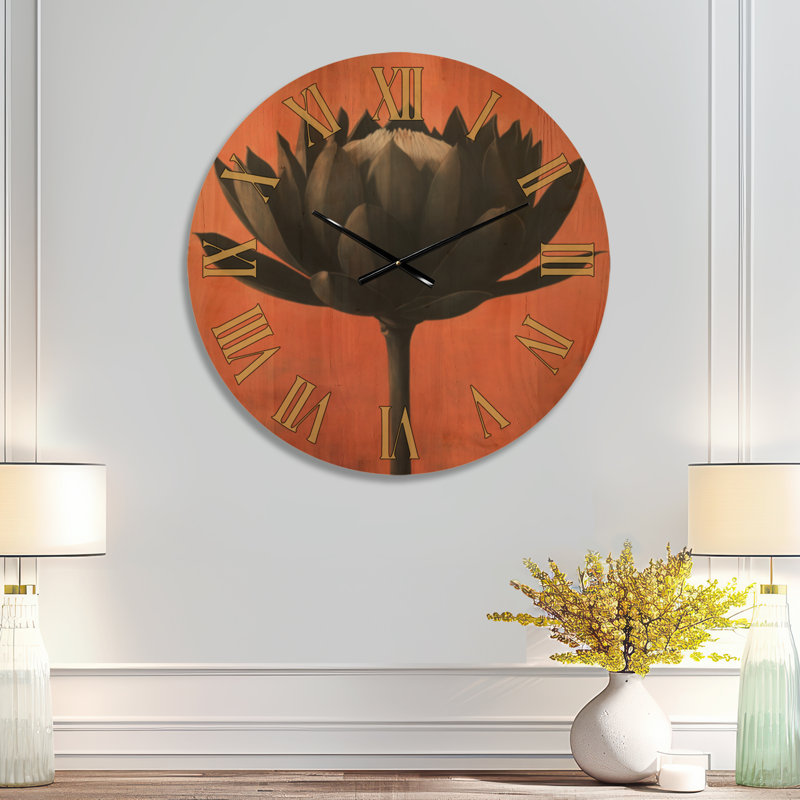 Horloge murale ronde moderne grand format « Black Protea Bloom », imprimée sur bois, Grand