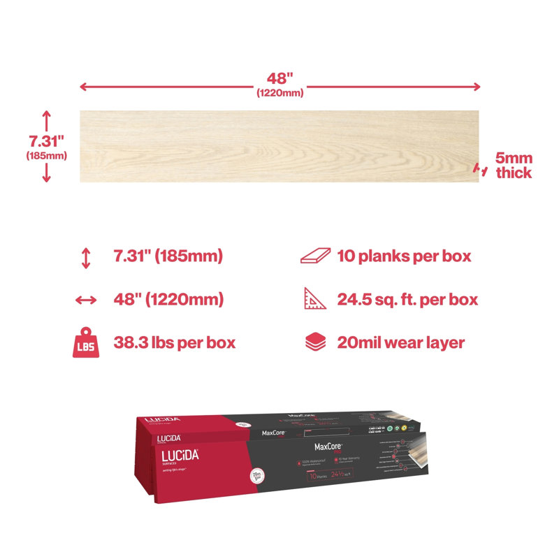 MaxCore Pro 20mil x 7.3" W x 48" L Click Lock Luxury Vinyl Plank Flooring, Natural Oak