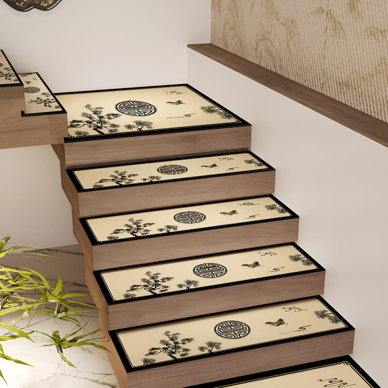 Tapis d'escalier antidérapant de style chinois moderne, Motif floral noir