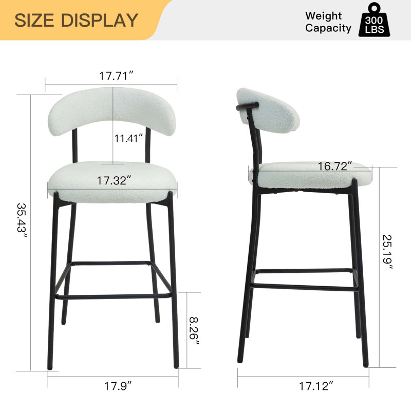 Tabouret de bar 26 po à hauteur de comptoir avec tabouret de bar en tissu avec base thermolaquée et repose-pieds, Blanc