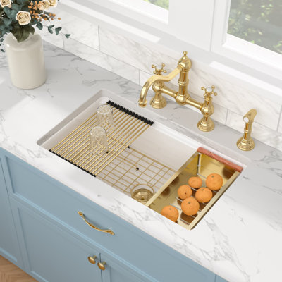 33" L x 19" W White Ceramic Single Bowl Drop-In/Undermount Kitchen Sink with Ledge Workstation and Accessories