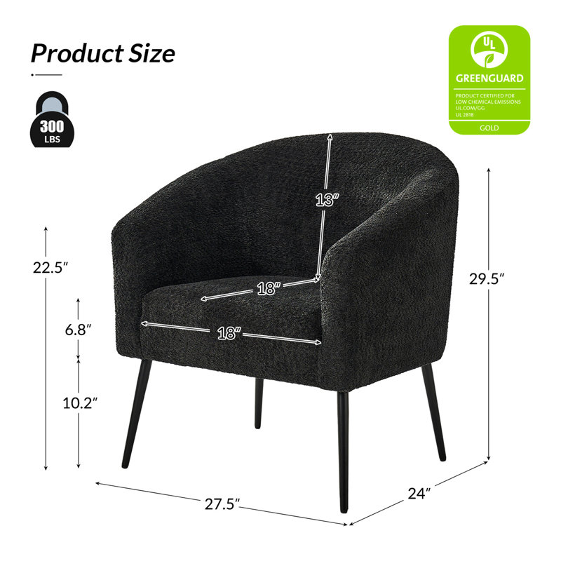 Cadie 27.5"W Modern Boucle Armchair with Metal Legs, Black Polyester