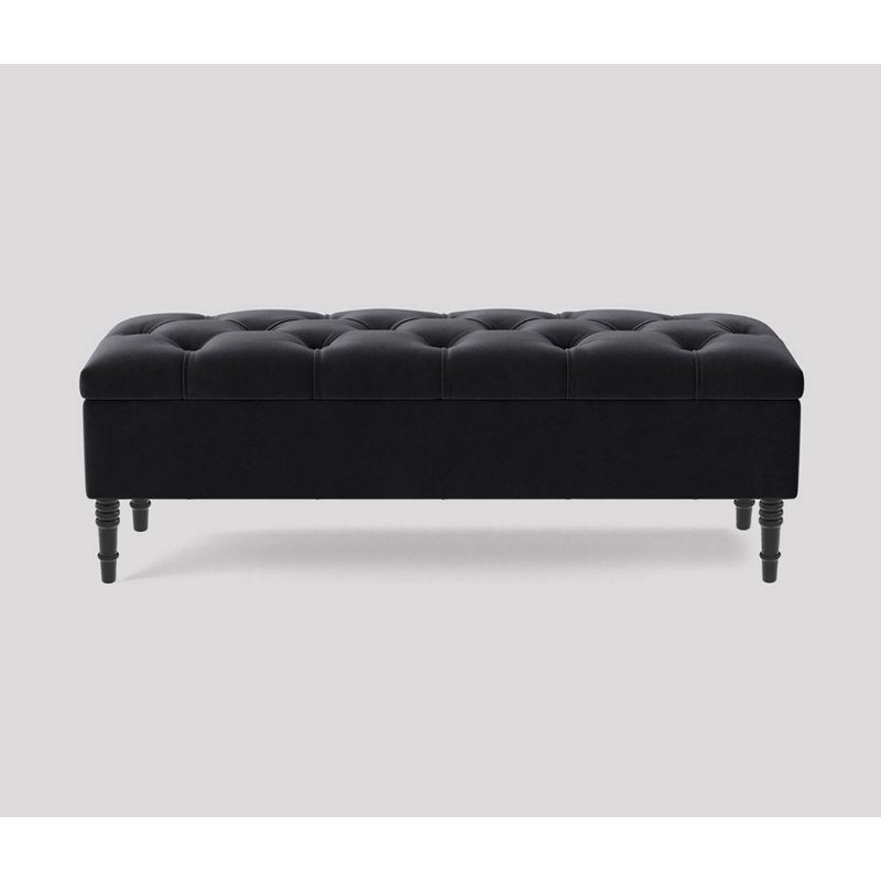 Alyana Wide Tufted Rectangle Ottoman Storage Bench - Upholstery Velvet Shoe Bench with Turned Wooden Legs, Black