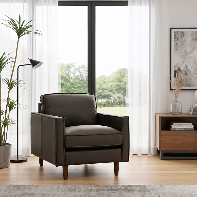 Alyvia 34" Brown Top Grain Leather Square Arm Accent Chair
