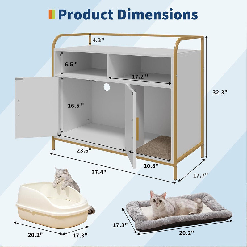 Meuble pour litière caché pour chat avec portes doubles et rangement, entrée latérale avec tapis à griffer, bouches d'aération