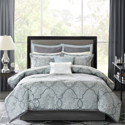 Literie 12 pièces de luxe en bleu pour le très grand lit - Draps en coton, édredon, taies décoratives, coussins décoratifs, jupe de lit au design élégant, édredon en tissu respirant avec draps géométriques et confortables