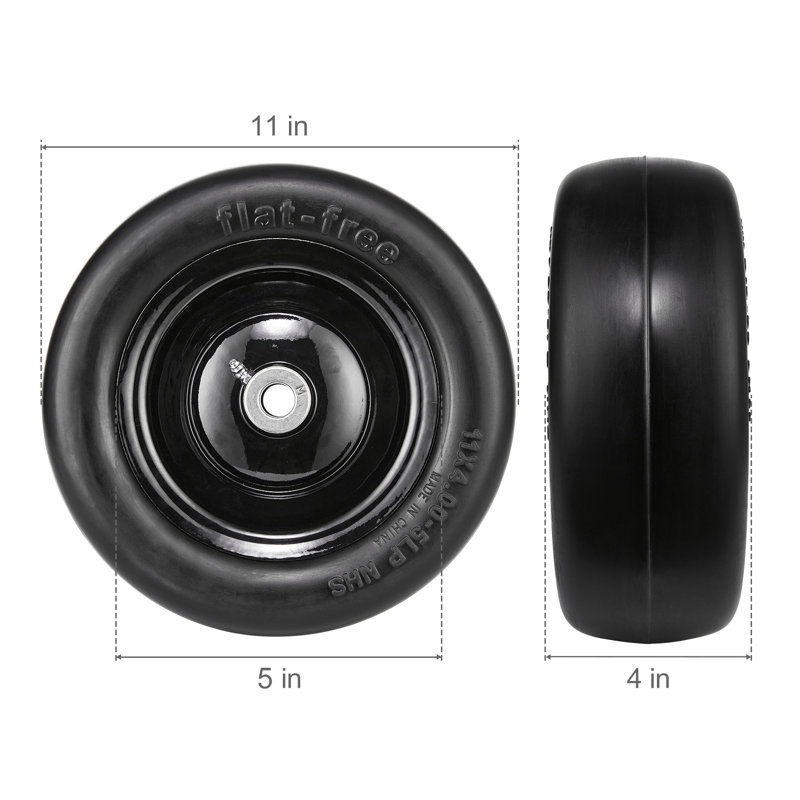 Pneus de tondeuse à gazon 11 x 4 à 5 avec jante - Roues de remplacement en polyuréthane sans crevaison pour tracteurs, douille de 3/4 po et moyeu en acier robuste
