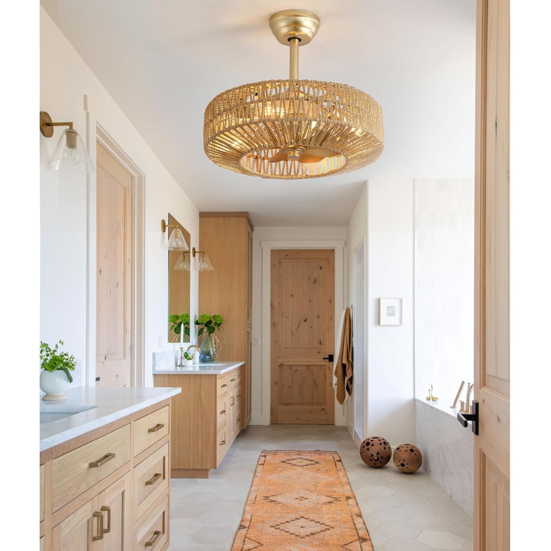 Ventilateur de plafond 20 pouces avec lumière Boho, 6 vitesses, télécommande, fonction minuterie, conception sans pales, or