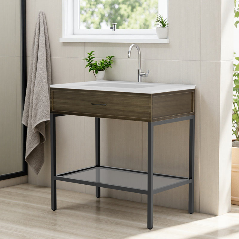 Meuble-lavabo autoportant avec comptoir en marbre d'ingénierie intégré - Conception élégante avec lavabo simple avec élégance moderne et rangement fonctionnel