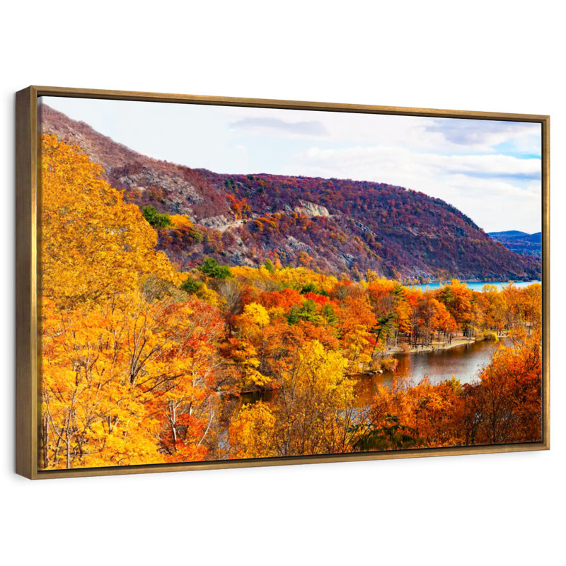 Paysage d'automne avec ours, Cadre flottant doré, 19 po x 13 po