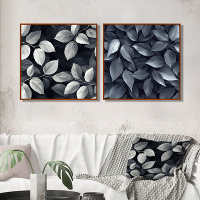 «Slate Grey Leaves Beauty I» - art mural feuilles - décoration murale traditionnelle 2 pièces