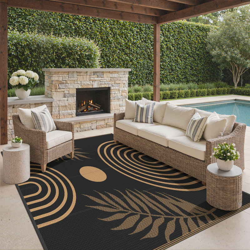 Tapis d'extérieur réversible, tapis d'extérieur imperméable en plastique, noir et beige, rectangulaire 2,44 m x 3,05 m