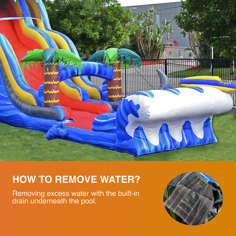 Glissade d'eau de qualité commerciale avec double chute et piscine JumpOrange 24 pi Shark Sighted