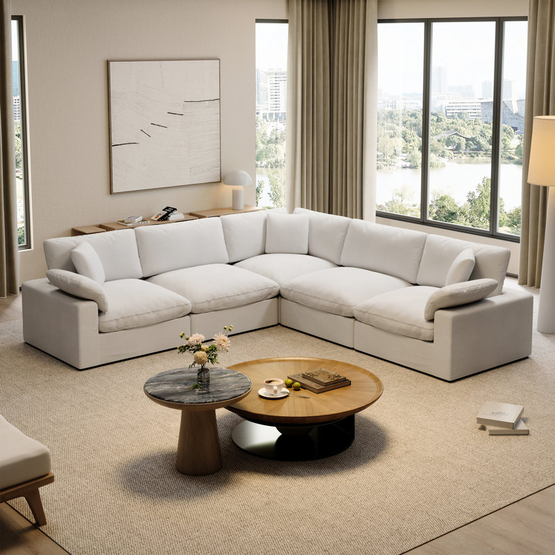 Canapé rembourré modulaire en forme de L pour salon, chambre à coucher 5 pièces, 25.2" H x 110.8" W x 110.8" D, Blanc