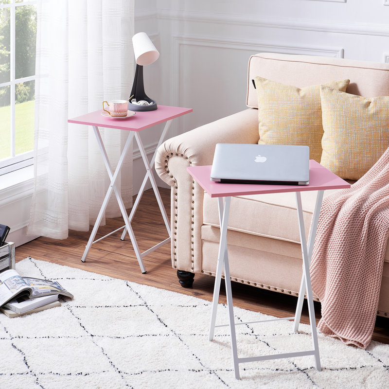 Folding Side Table with Cup Holder, Industrial Side Table for Living Room, Bedroom, Pink/White