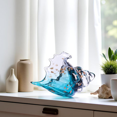 Hand Blown Glass Conch Statue,Sea Glass Art Figurine, Coastal Home Decor With Sea Shells, Living Room TV Stand Above Cabinet,Bookcase,Beach Decoration,Entryway Conch Horn Figurines