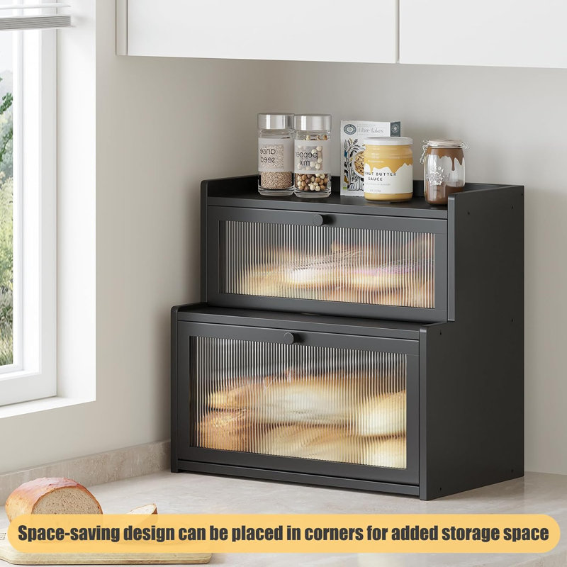 Black Double Layer Bamboo Bread Box with Window
