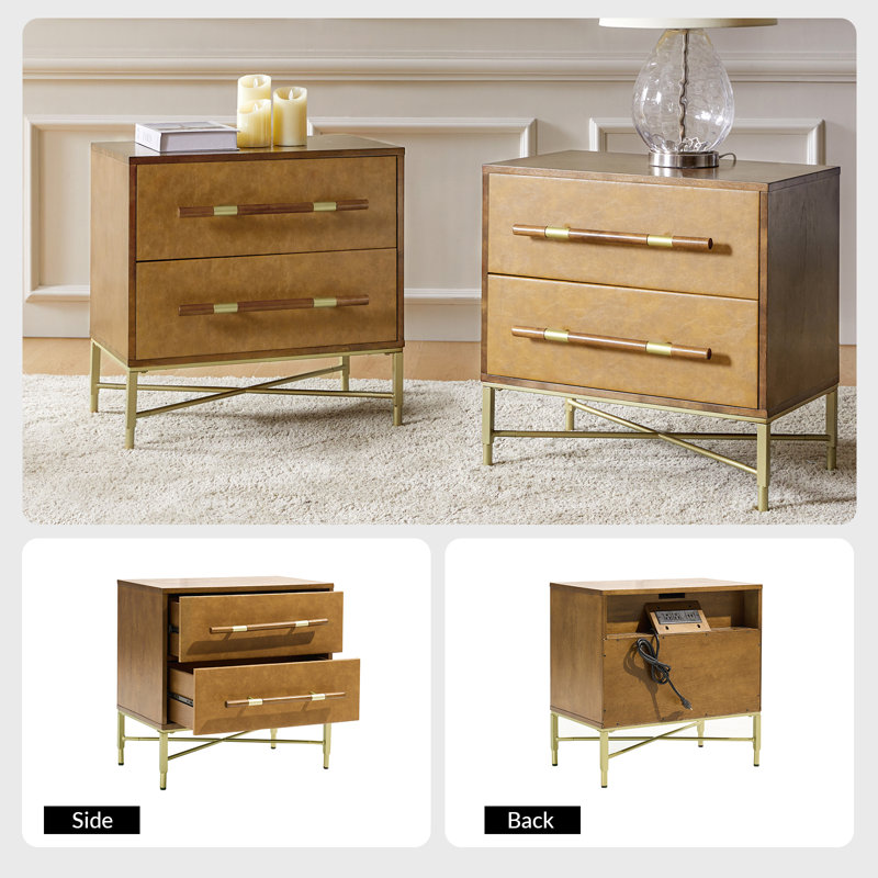 Lienhard 24" W 2-Drawer End Table with Built-In Outlets, Camel