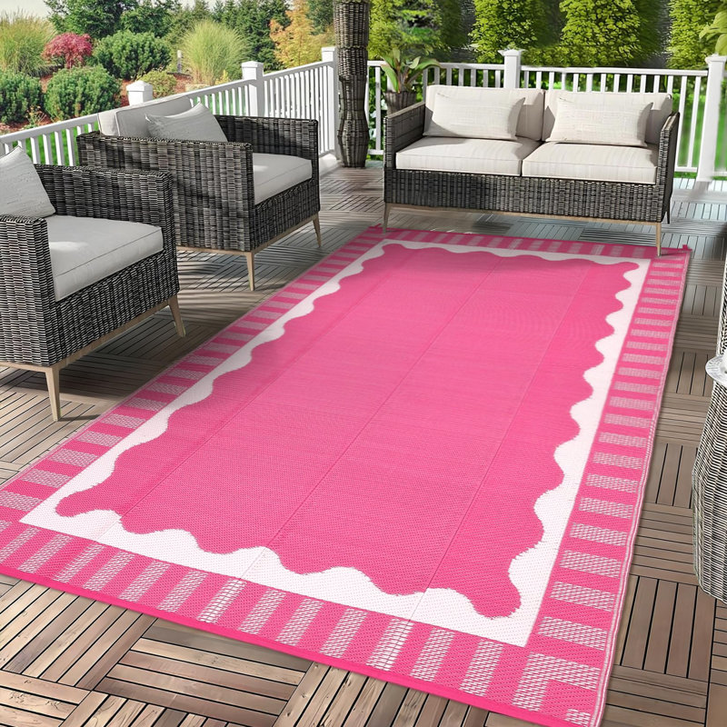 9x12ft Reversible Outdoor Rug - Waterproof Scalloped Border Plastic Straw Mat with Bag & Stakes for Patio, RV and Picnic