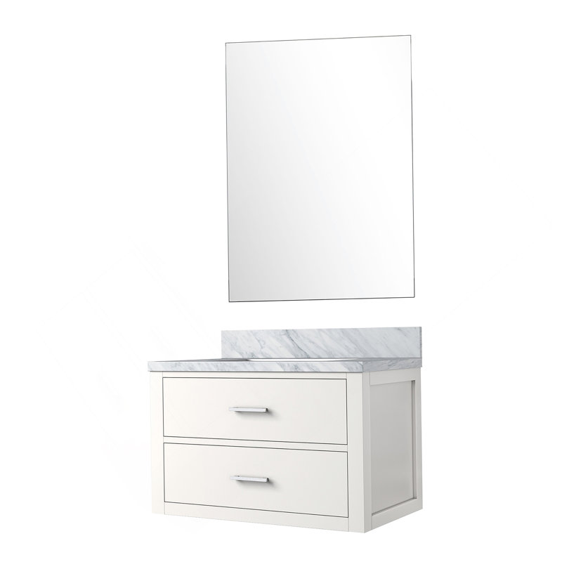Meuble-lavabo simple 30 po X P 22 po P, comptoir en marbre de Carrare et Miroir, Blanc, Argent argent