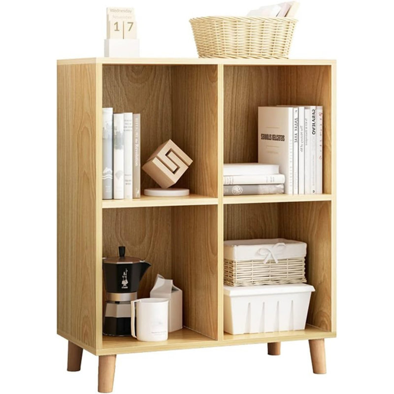 Freestanding Open Cubes Bookcase - 2-Tier Floor Standing Wooden Storage Display Cabinet Organizer With Legs For Home Office, 4-Cubes Open Shelf Low Short Bookshelf, Oak