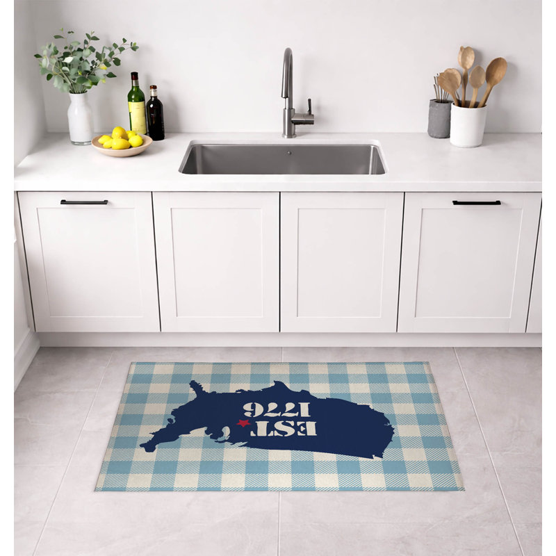 Tapis de cuisine à profil bas Gingham, Bleu marine/bleu, Rectangulaire 2 pi x 3 pi