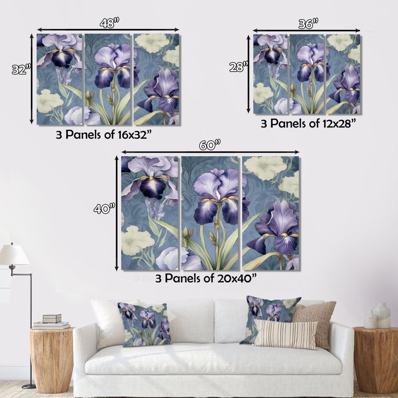 Impression sur toile mauve, vert et iris, impressions sur toile, 3 pièces, H 28 po x l 36 po x P 1 po
