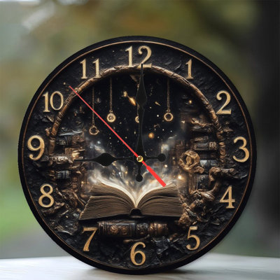 Horloge, chiffres, livre ouvert, étoiles