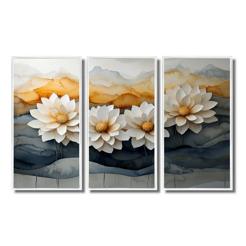 «Golden Harmony Of Mums Flower II», art mural «Mums» - ensemble de 3, H 32 po x l 48 po, Blanc
